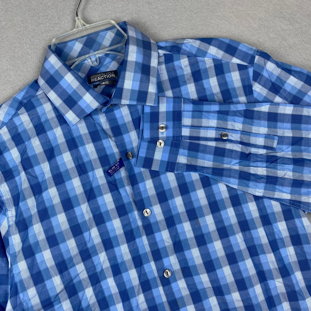 Kenneth Cole Reaction Slim Fit Blue Plaid Button Down Shirt 15 32-33 NEW